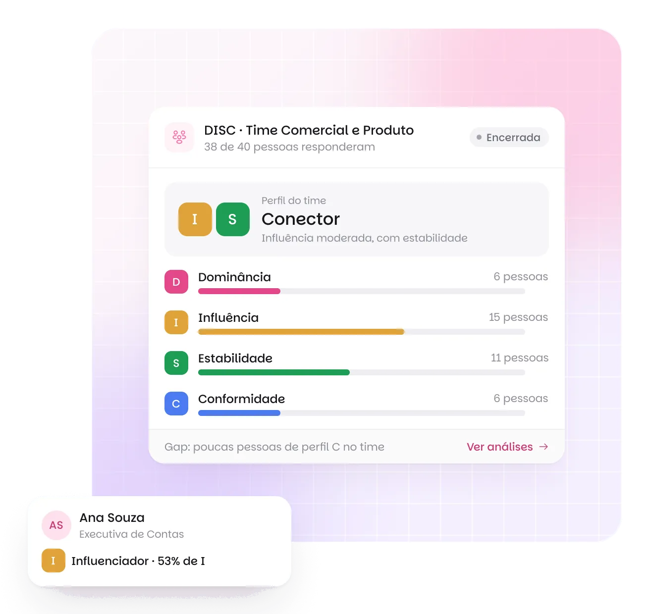 Resultado do teste DISC do time na Benway: perfil Conector (I e S), quantas pessoas em Dominância, Influência, Estabilidade e Conformidade, o gap de perfil C e o perfil de uma pessoa