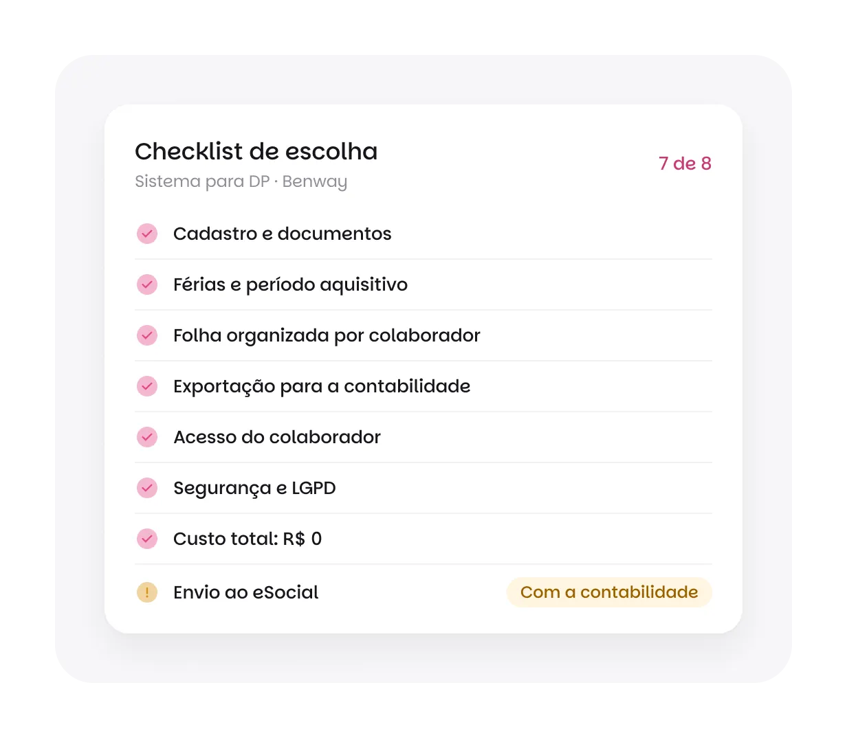 Checklist de escolha de um sistema para DP na Benway: sete critérios atendidos e o envio ao eSocial marcado como tarefa da contabilidade