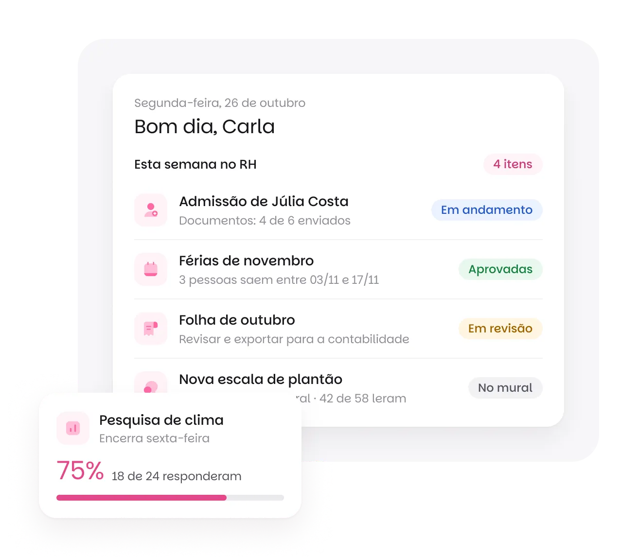 Resumo da semana do RH na Benway com admissões, férias e aniversários, e o resultado de uma pesquisa de clima