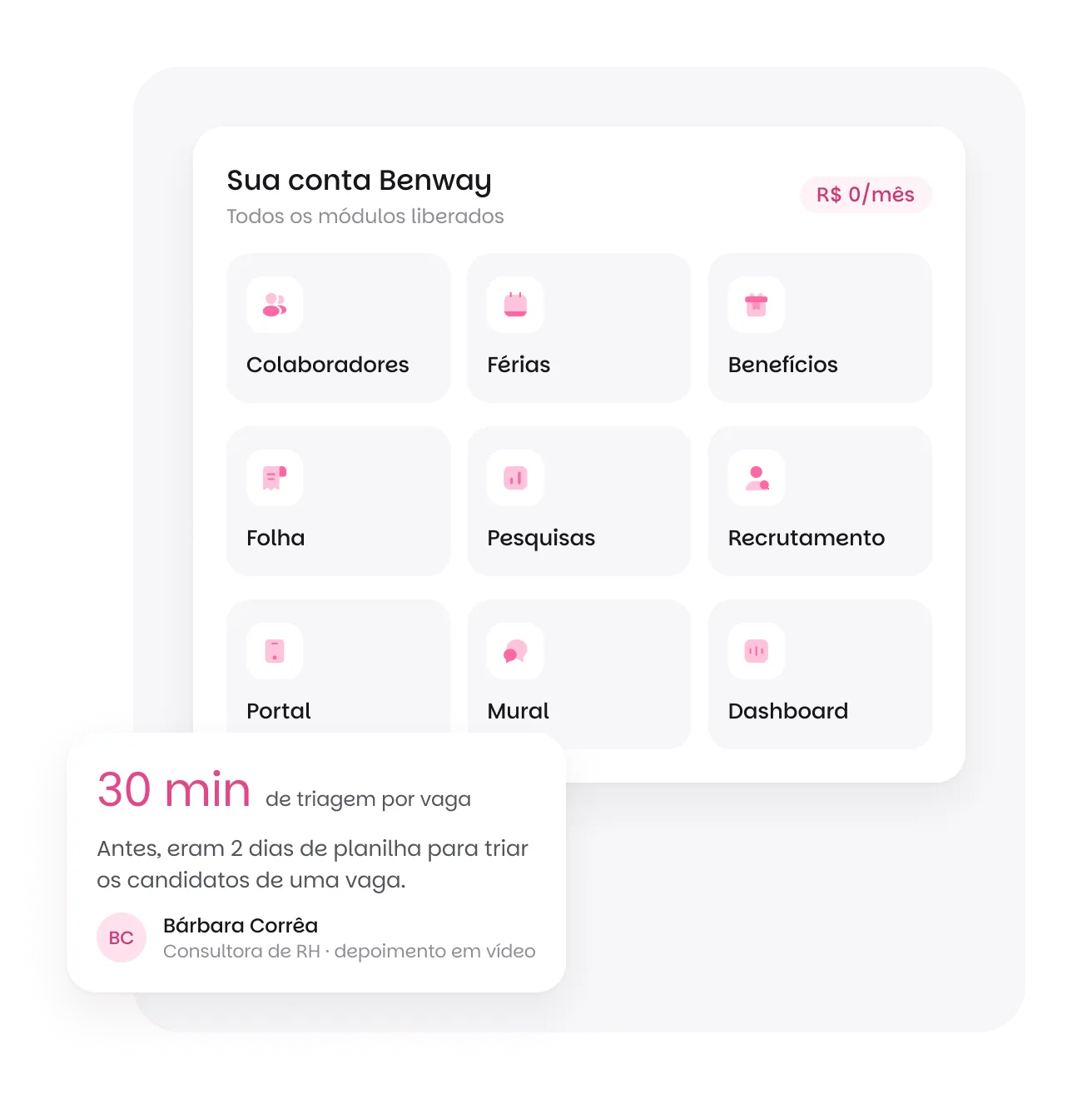 Os módulos da Benway lado a lado (colaboradores, férias, benefícios, folha, pesquisas, recrutamento, portal, mural e dashboard) e o depoimento de Bárbara Corrêa sobre a triagem de 30 minutos por vaga