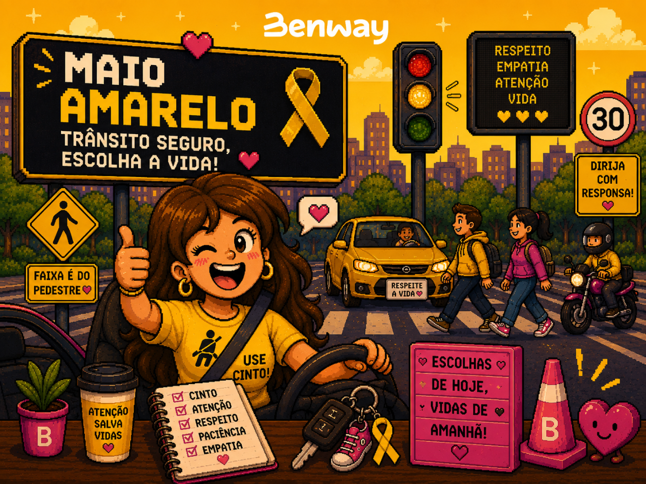 Capa Maio Amarelo 2026 Benway: trânsito seguro, escolha a vida