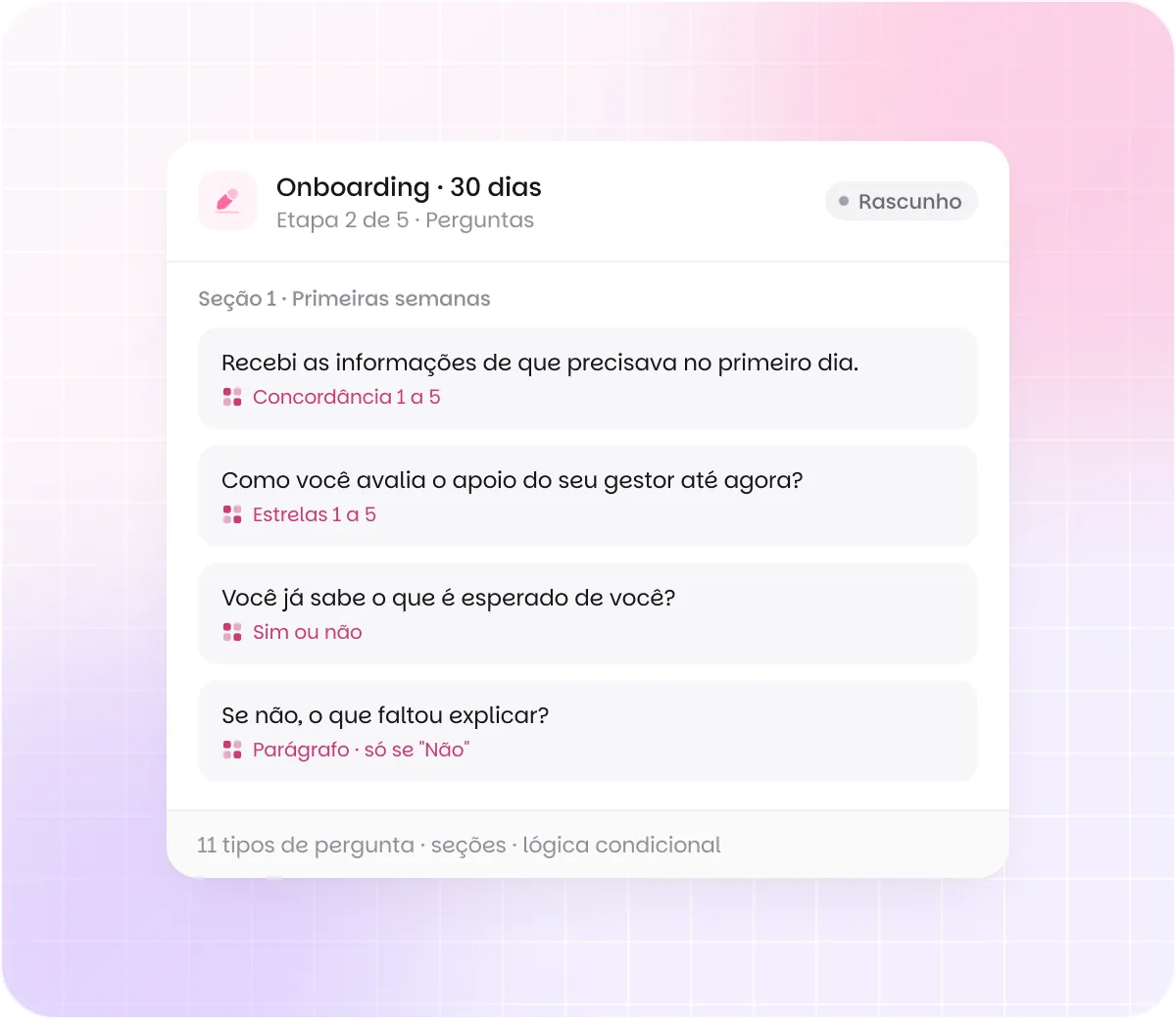 Editor do modelo Onboarding · 30 dias na Pesquisa Personalizada: perguntas de concordância, estrelas, sim ou não e um parágrafo que só aparece para quem responde Não