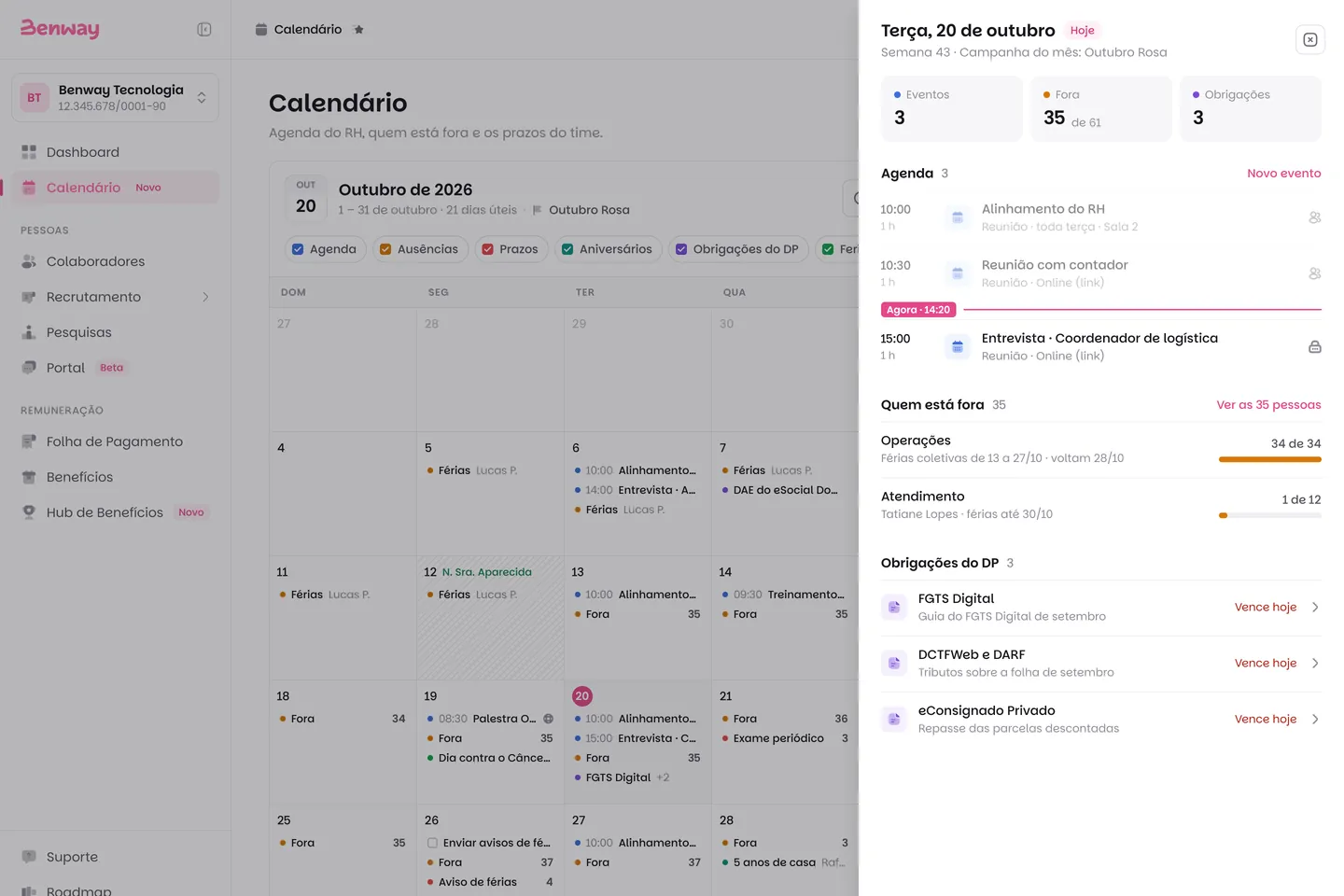 Painel do dia 20 de outubro no Calendário do RH da Benway: agenda com reuniões, quem está fora por departamento e as obrigações do DP que vencem no dia