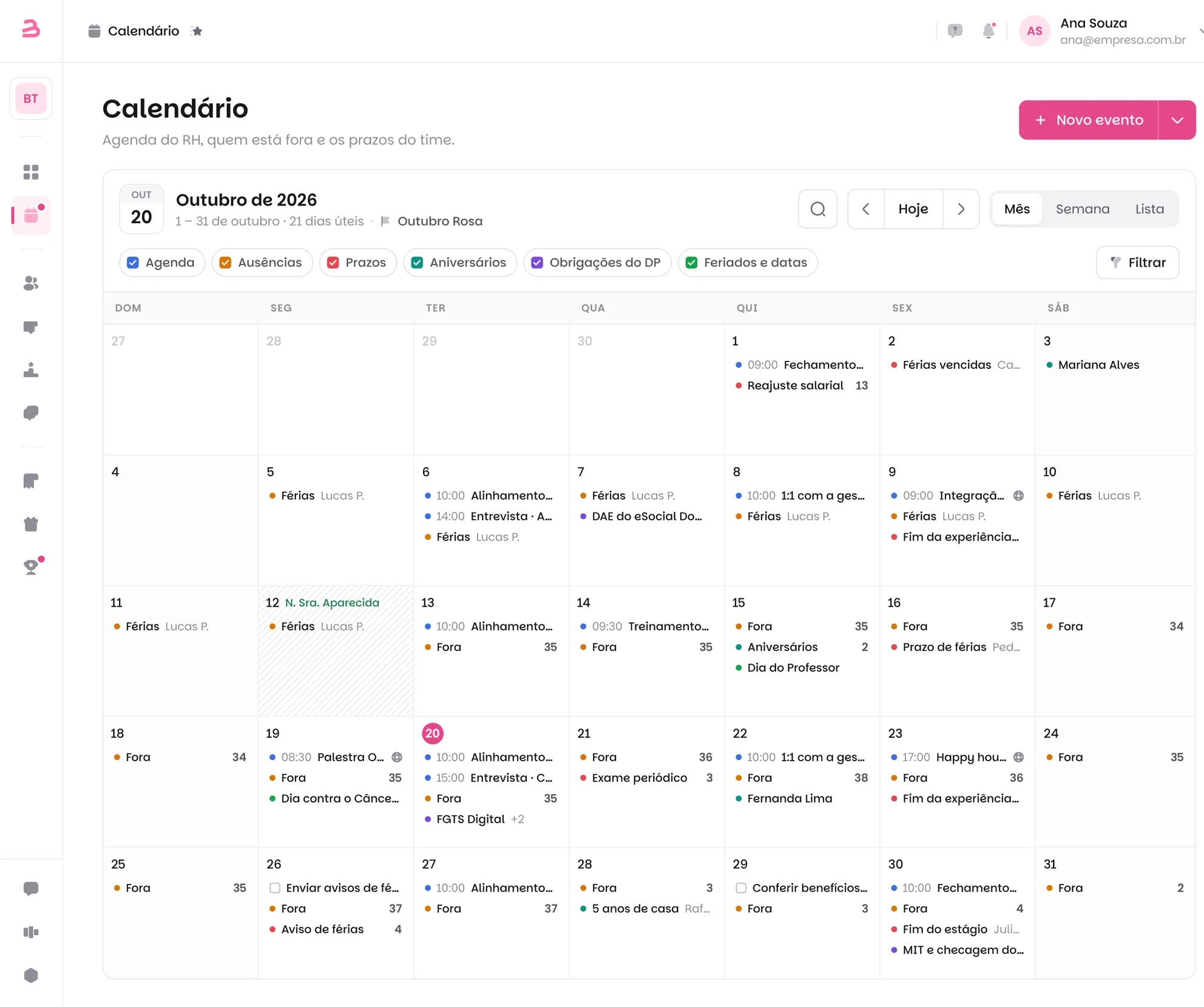 Calendário do RH na Benway em outubro de 2026: a grade do mês com camadas de agenda, ausências, prazos, aniversários, obrigações do DP e feriados, e a campanha Outubro Rosa no topo
