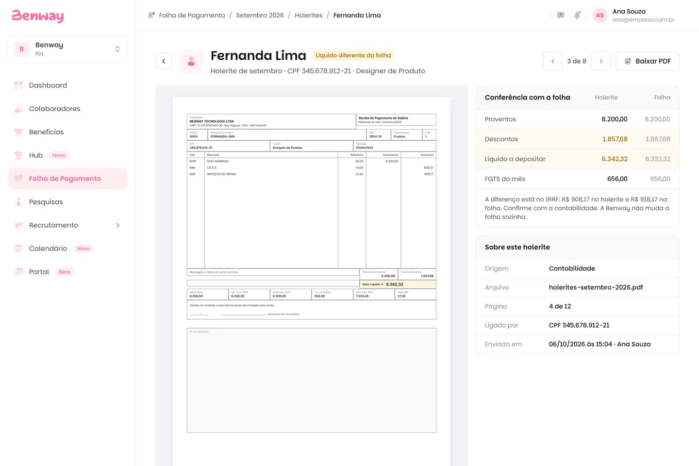 Conferência do holerite de Fernanda Lima na Benway: o PDF da contabilidade ao lado da comparação com a folha, com o líquido diferente destacado