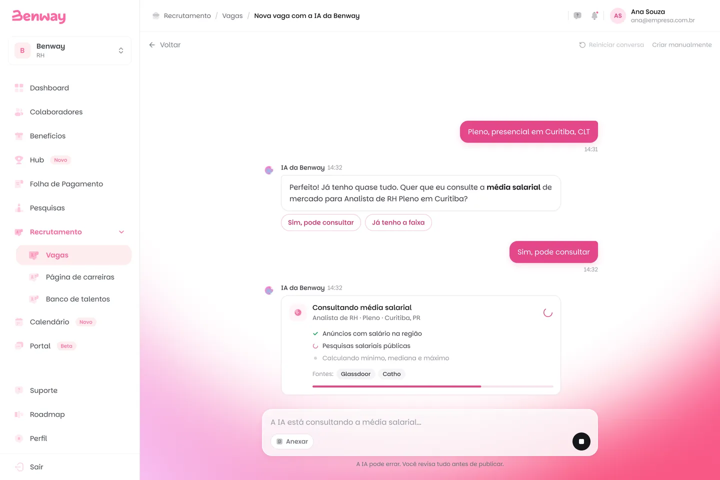 Tela da Benway em que a IA monta uma vaga de Analista de RH Pleno com a faixa salarial de mercado