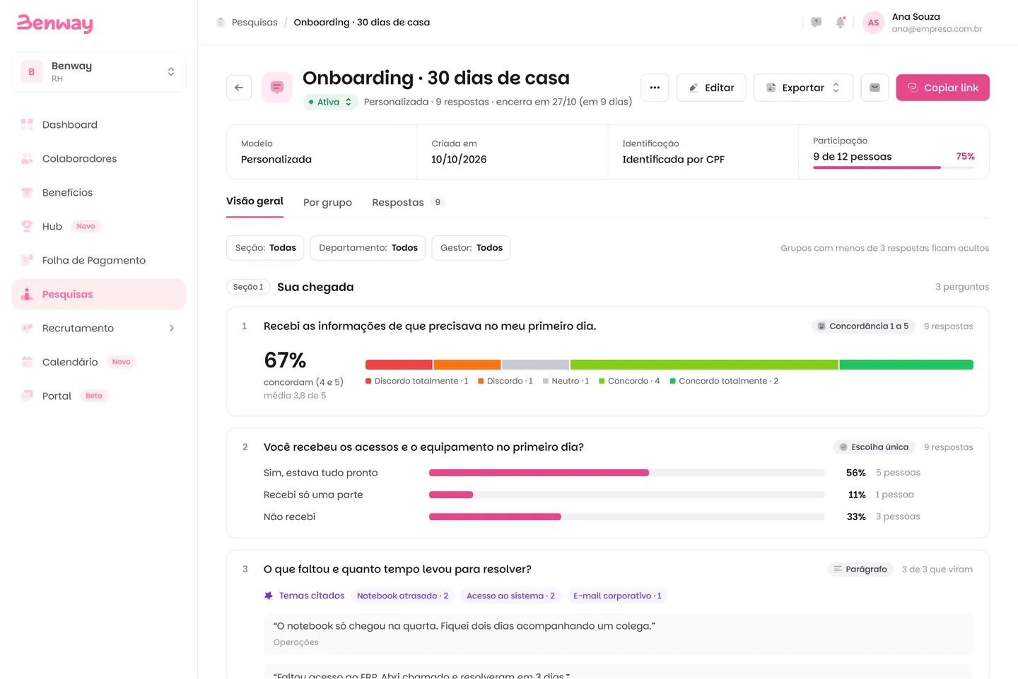 Visão geral da pesquisa personalizada na Benway: gráfico de cada pergunta com a métrica principal e filtros por seção, departamento e gestor